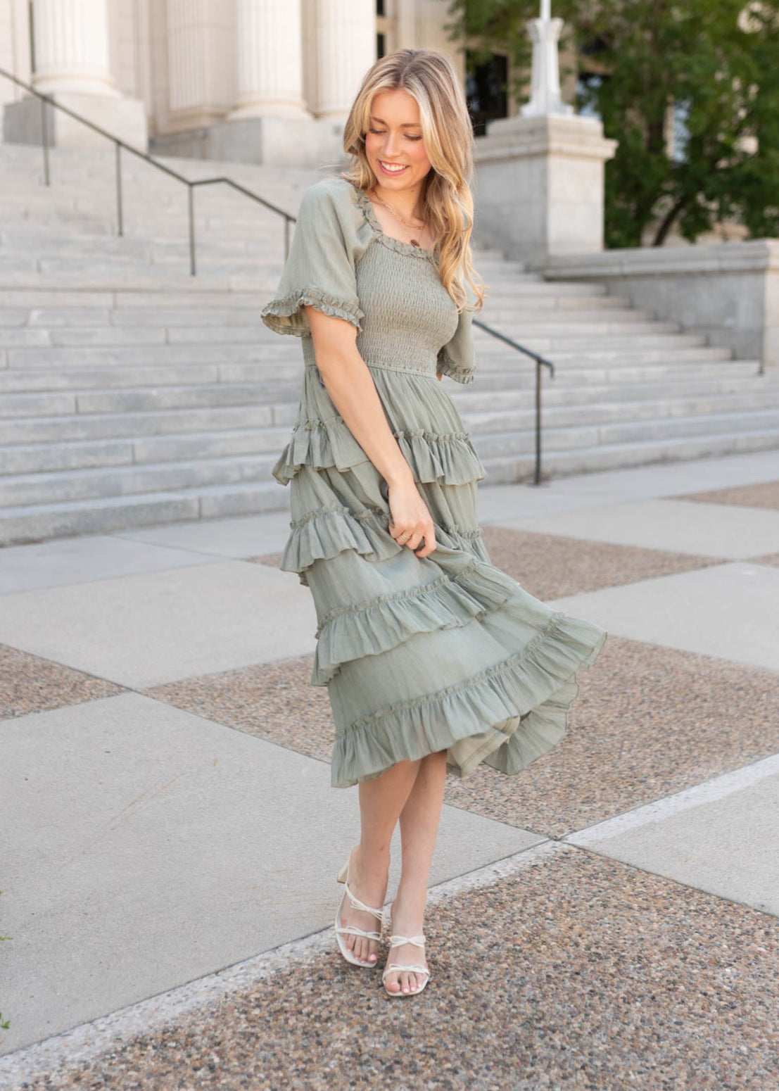 Sage ruffle tiered dress with a smocked bodice