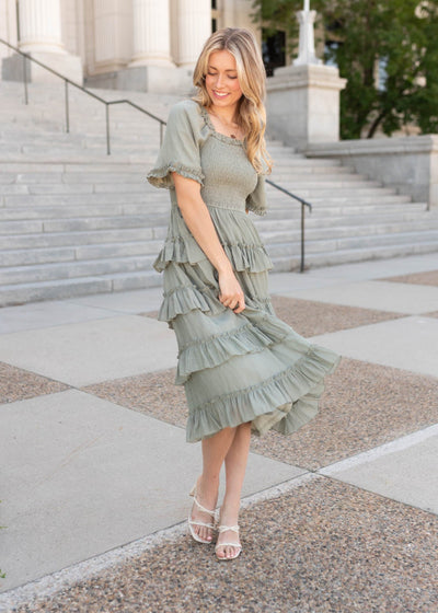 Sage ruffle tiered dress with a smocked bodice