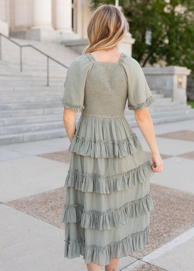 Back view of the sage ruffle tiered dress