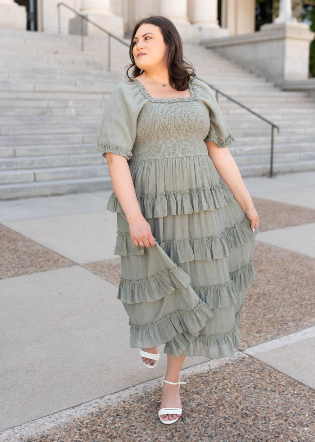 Sage ruffle tiered dress with short sleeves in plus size