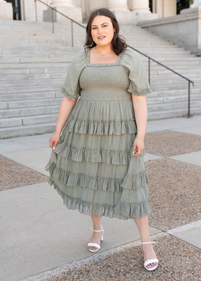 Short sleeve sage ruffle tiered dress in plus size