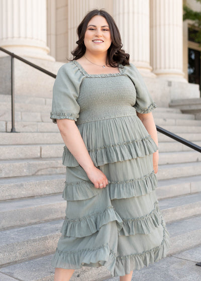 Plus size sage ruffle tiered dress