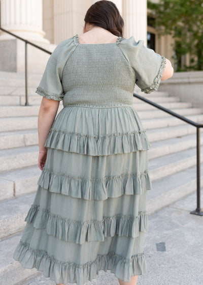 Back view of the plus size sage ruffle tiered dress