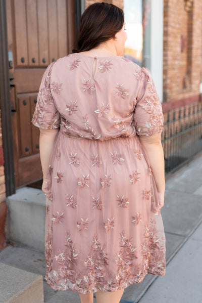 Back view of the blush floral dress with embroidery on the fabric in plus size