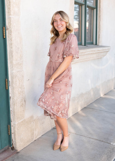 Short sleeve blush floral dress with embroidered flowers