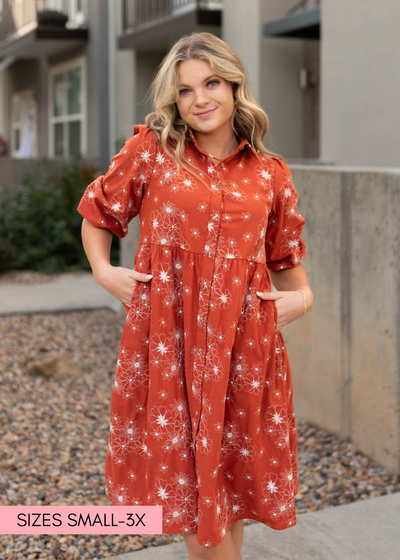 Rust corduroy embroidered dress
