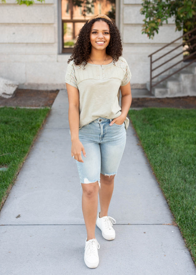 Moss green floral top with short sleeves