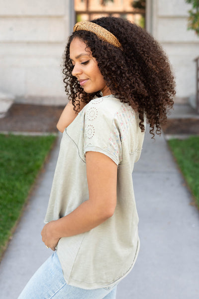 Side view of the moss green floral top