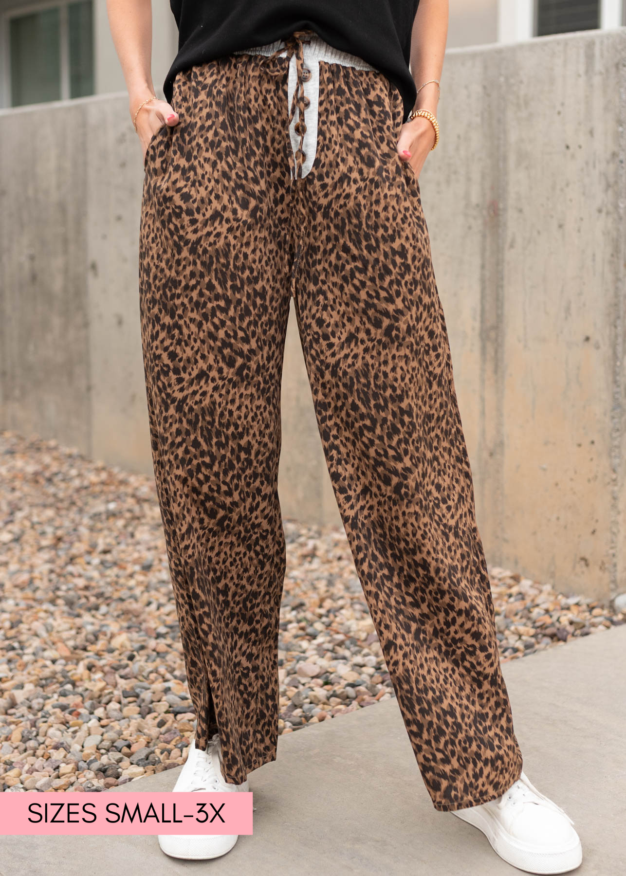Modest leopard print pants with a wide leg in sizes small to large and plus size 1x to 3x