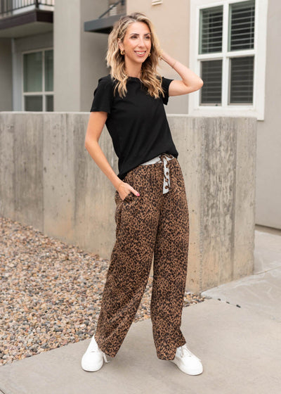 Wide leg leopard print pants with pockets at Lena Layne