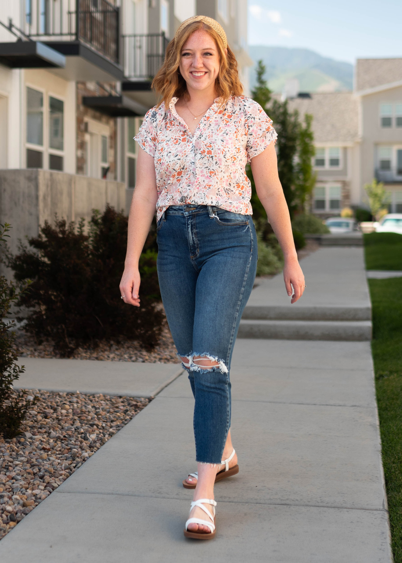 Short sleeve ivory floral top with open neck