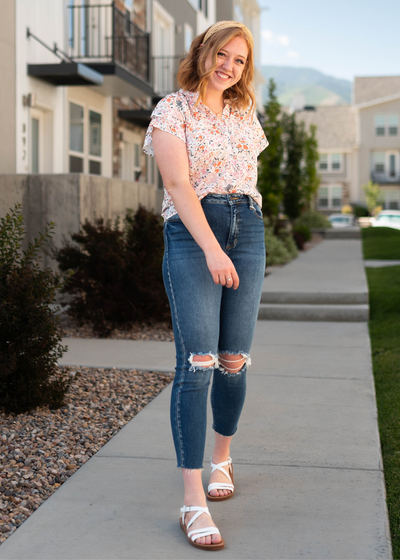 Short sleeve ivory floral top