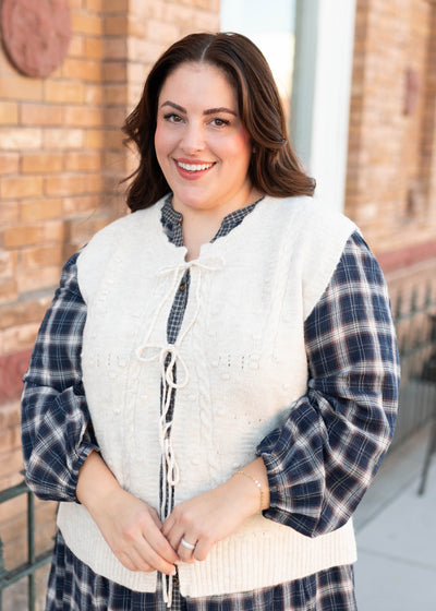 Plus size oatmeal sweater vest with ties in the front