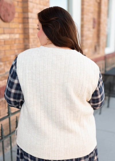Back view of the plus size oatmeal sweater vest