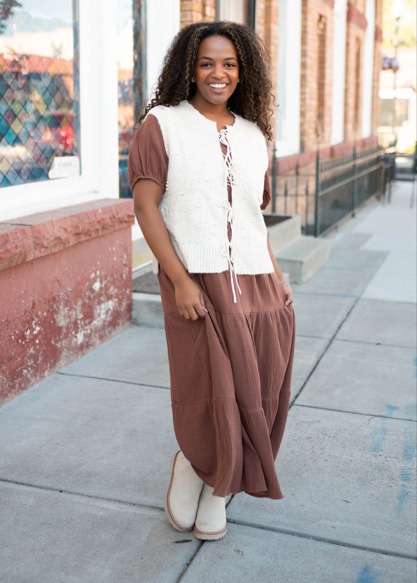 Oatmeal sweater vest that ties in the front