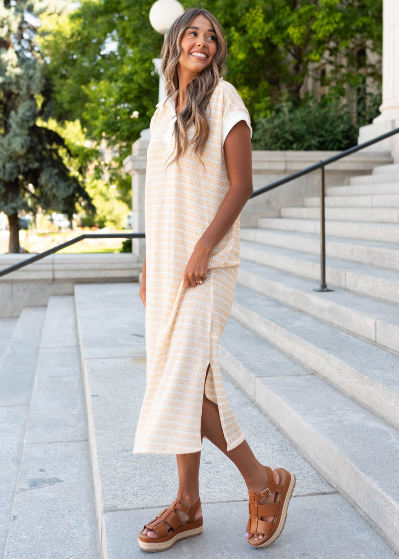 Yellow knit t-shirt dress with cap sleeves