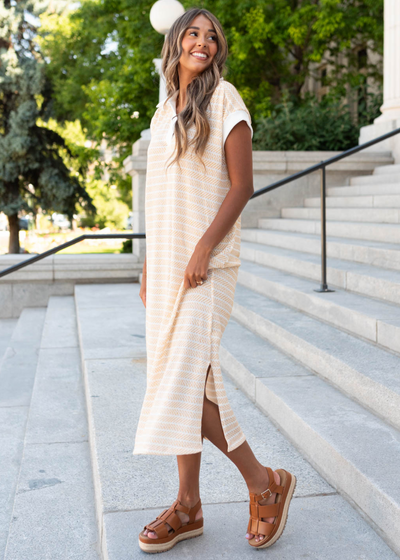 Yellow knit t-shirt dress with cap sleeves