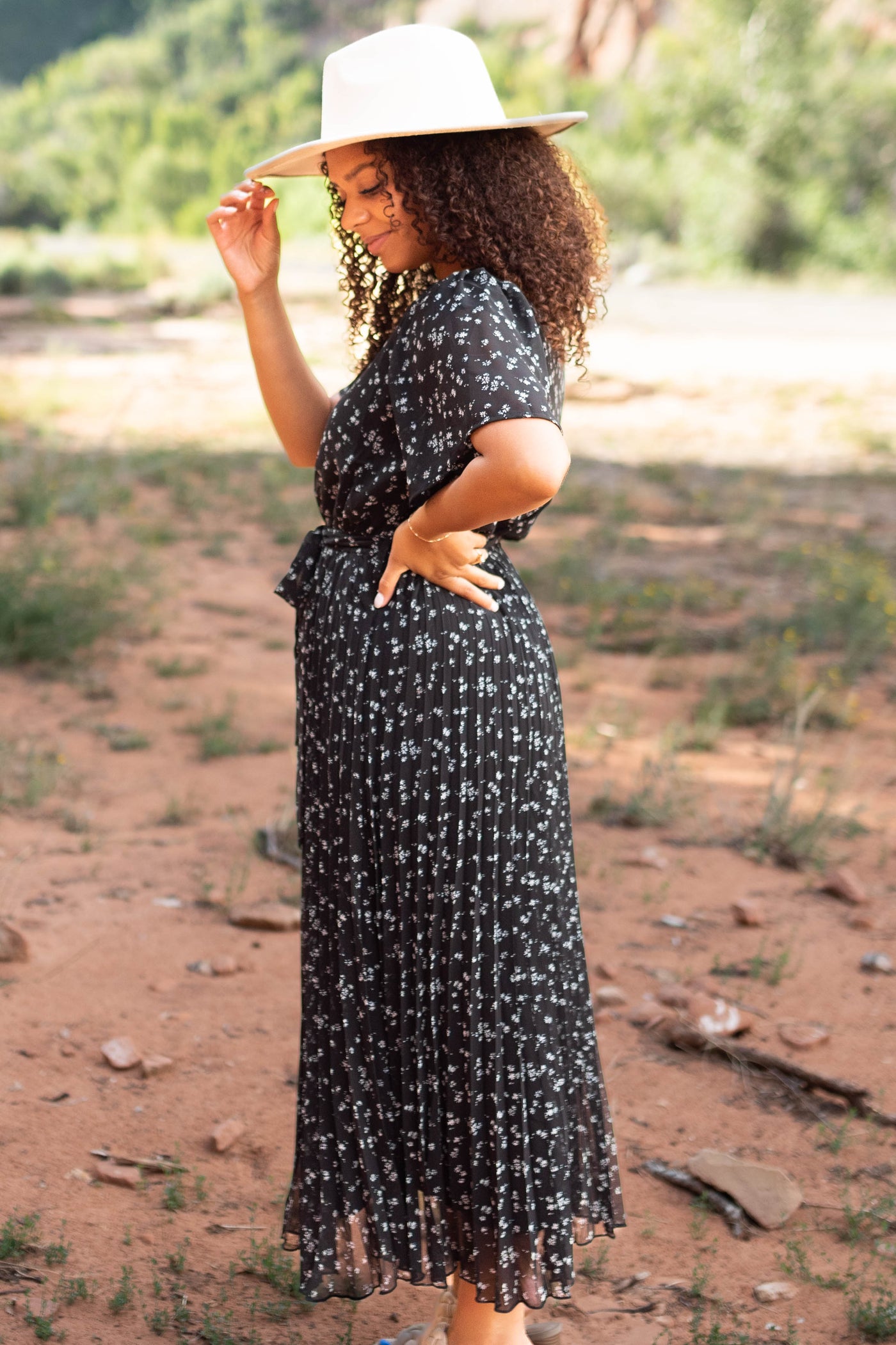 Side view of a black floral dress