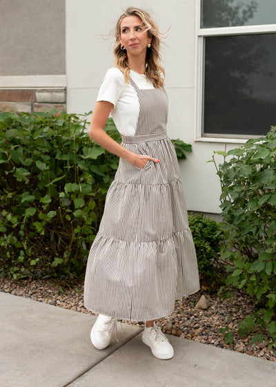 Modest charcoal stripe overall dress with pockets