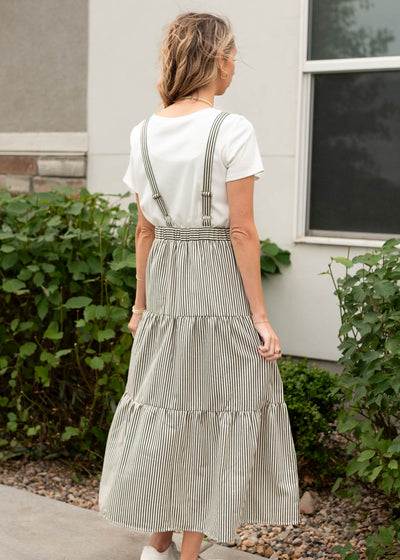 Back view of the modest charcoal stripe overall dress