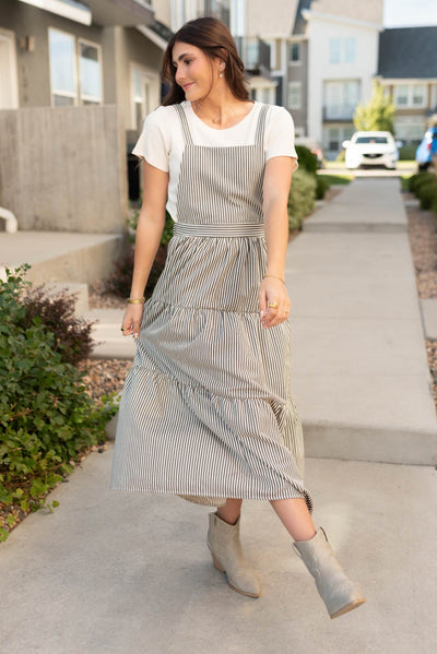 Modest tiered skirt on the charcoal stripe overall dress sold at Lena Layne