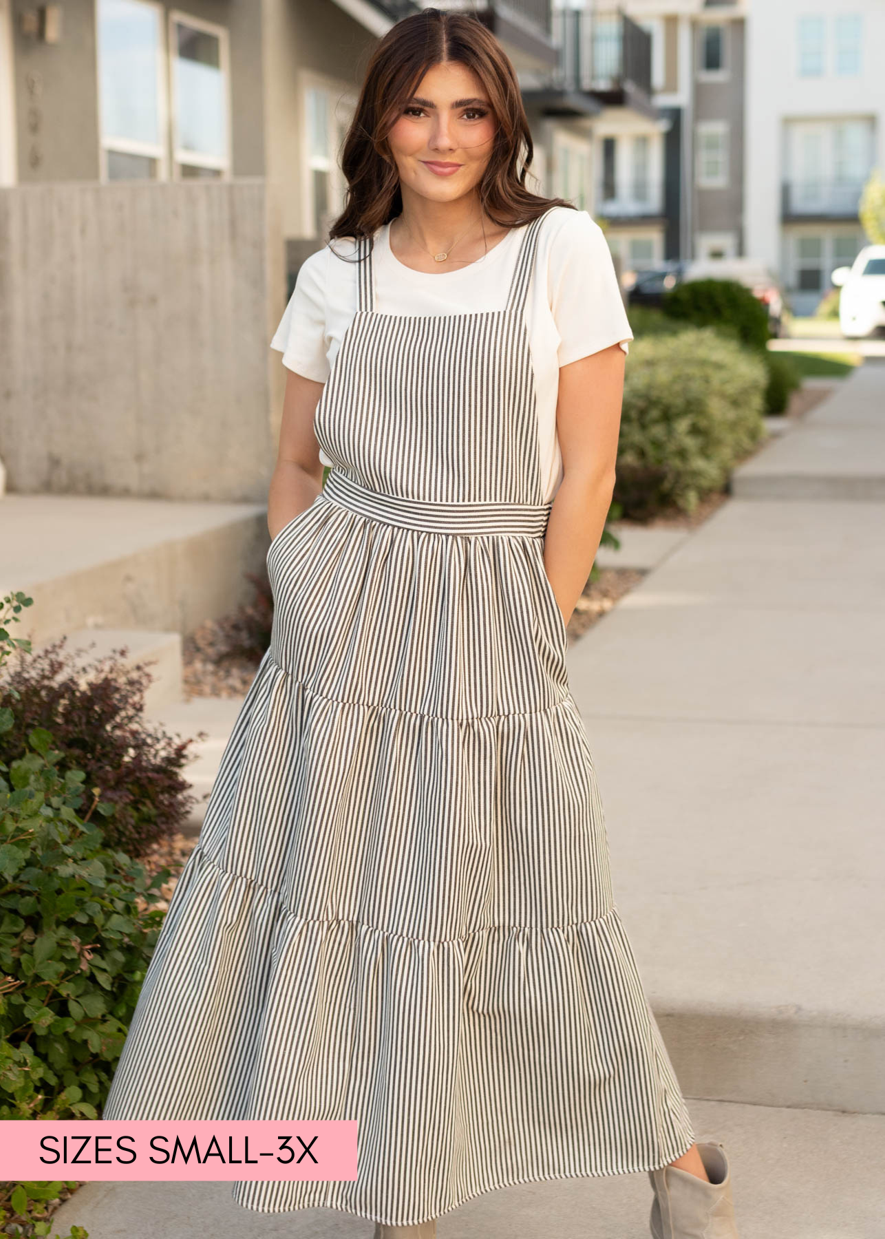 Modest charcoal stripe overall dress with pockets