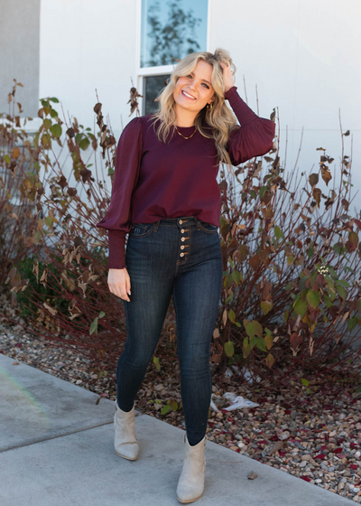 Wine satin sleeve blouse