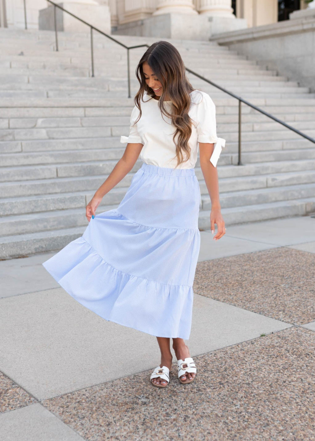 Sky blue gingham skirt with tiered skirt