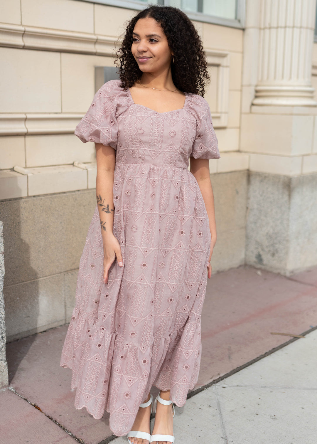 Laurel Mauve Eyelet Dress - Sweetheart Neckline & Puff Sleeves