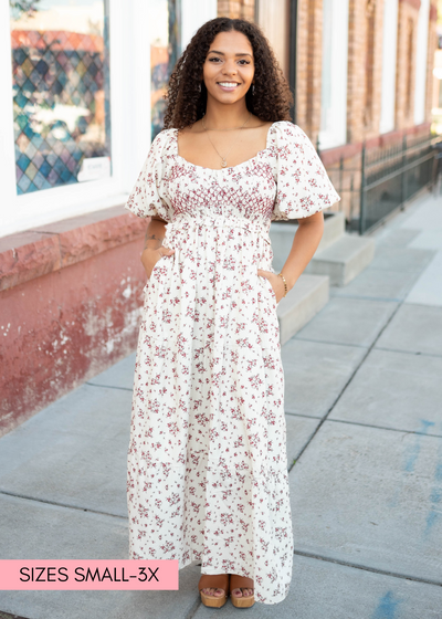 Modest beige floral smocked dress