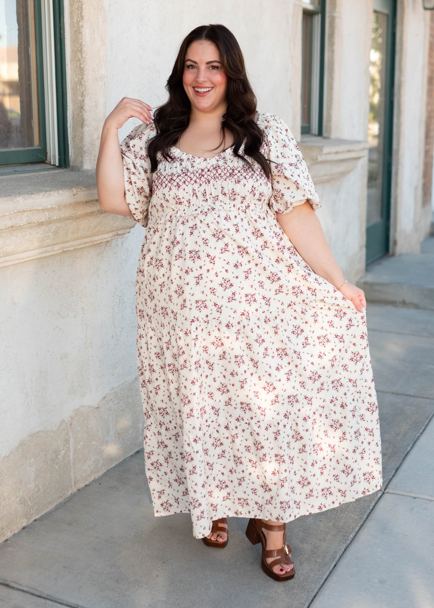Plus size modest short sleebe beige floral smocked dress with red flowers