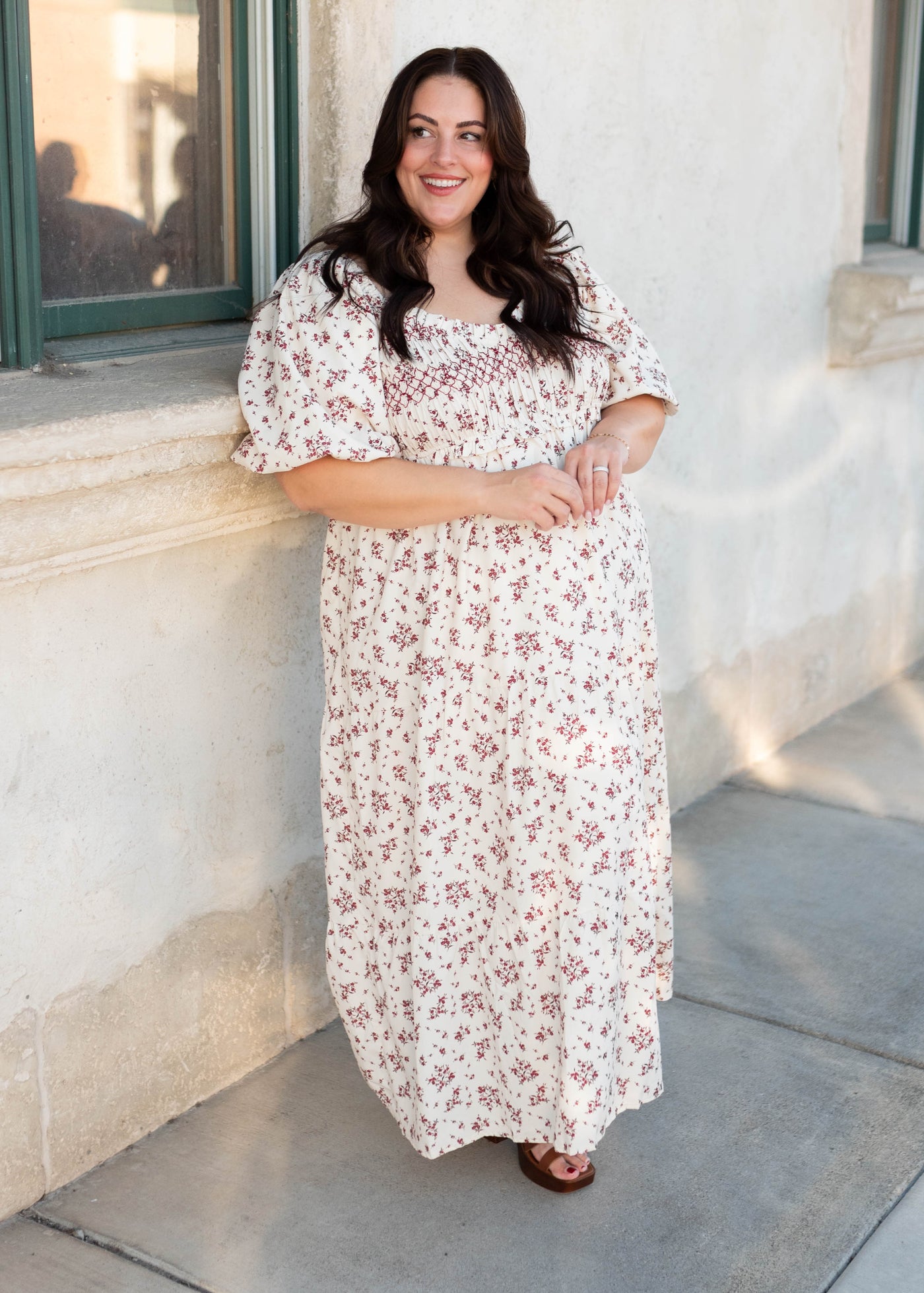 Plus size beige floral smocked dress