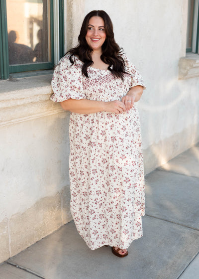 Plus size beige floral smocked dress