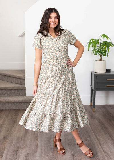 Green floral collared dress with button up bodice
