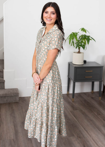 Side view of the green floral collared dress