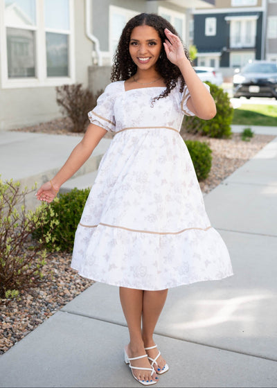  Natural floral dress with tan trim