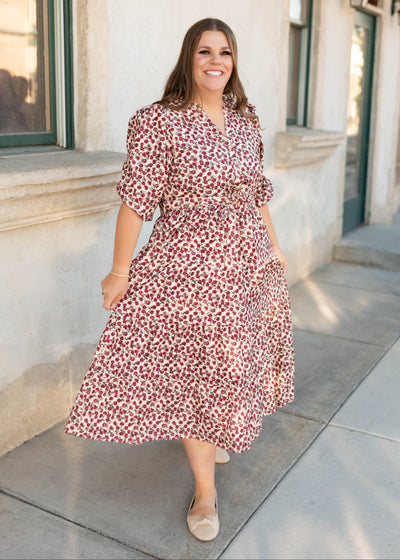 Modest Button up burgundy floral dress with short sleeves in plus size