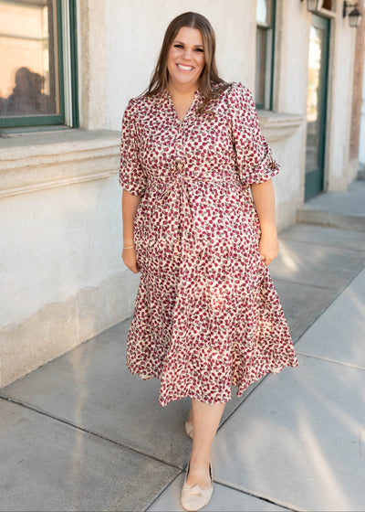 Modest burgundy floral dress with a tie at the waist