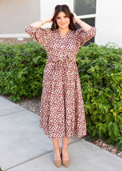 Midi burgundy floral dress with elvow length sleeves and button up bodice