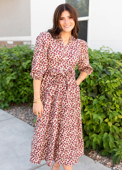 Midi burgundy floral dress with pocket and short sleeves