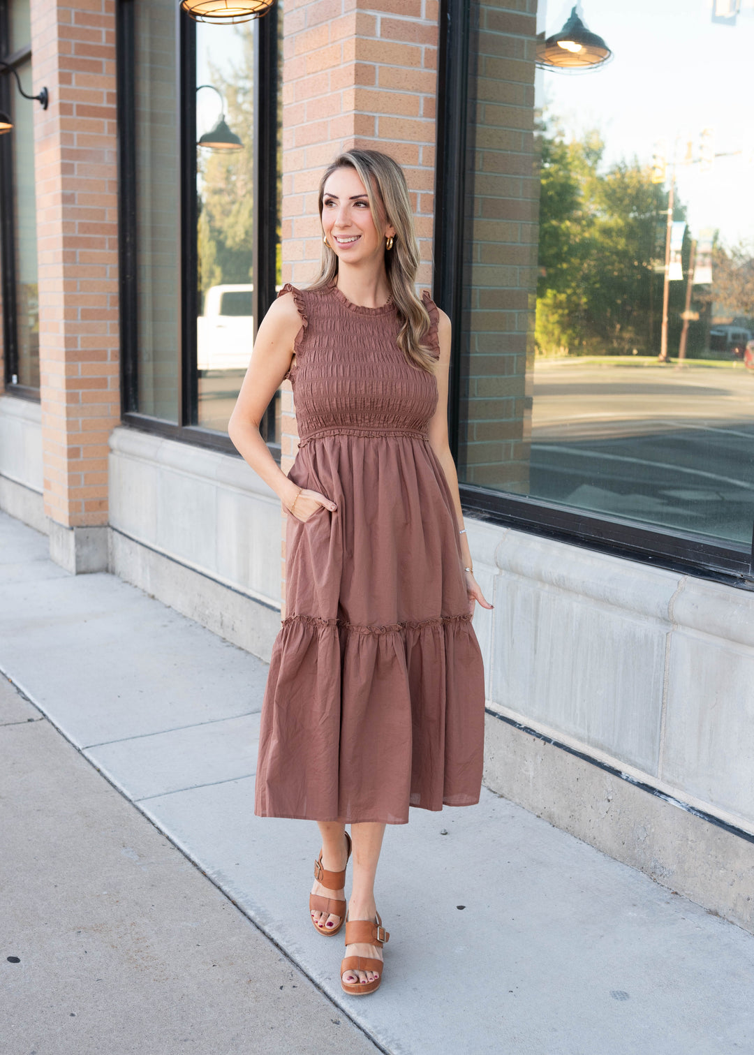 Leah Cocoa Smocked Ruffle Midi Dress
