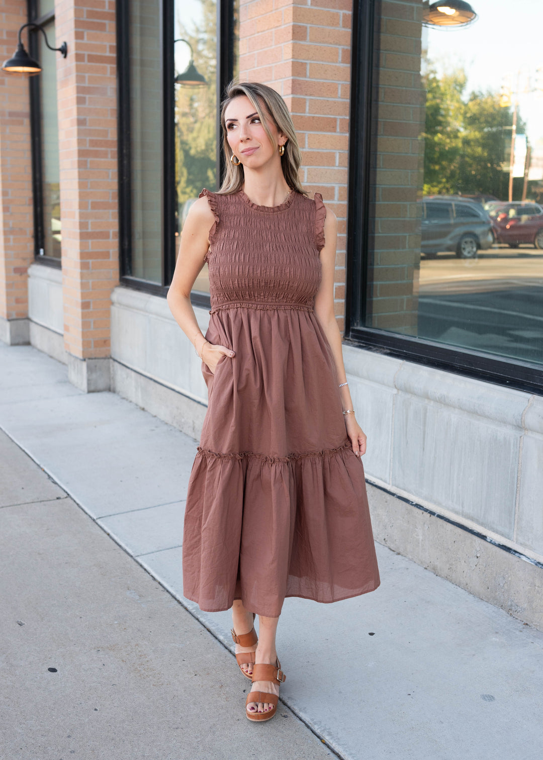 Leah Cocoa Smocked Ruffle Midi Dress | Lena Layne