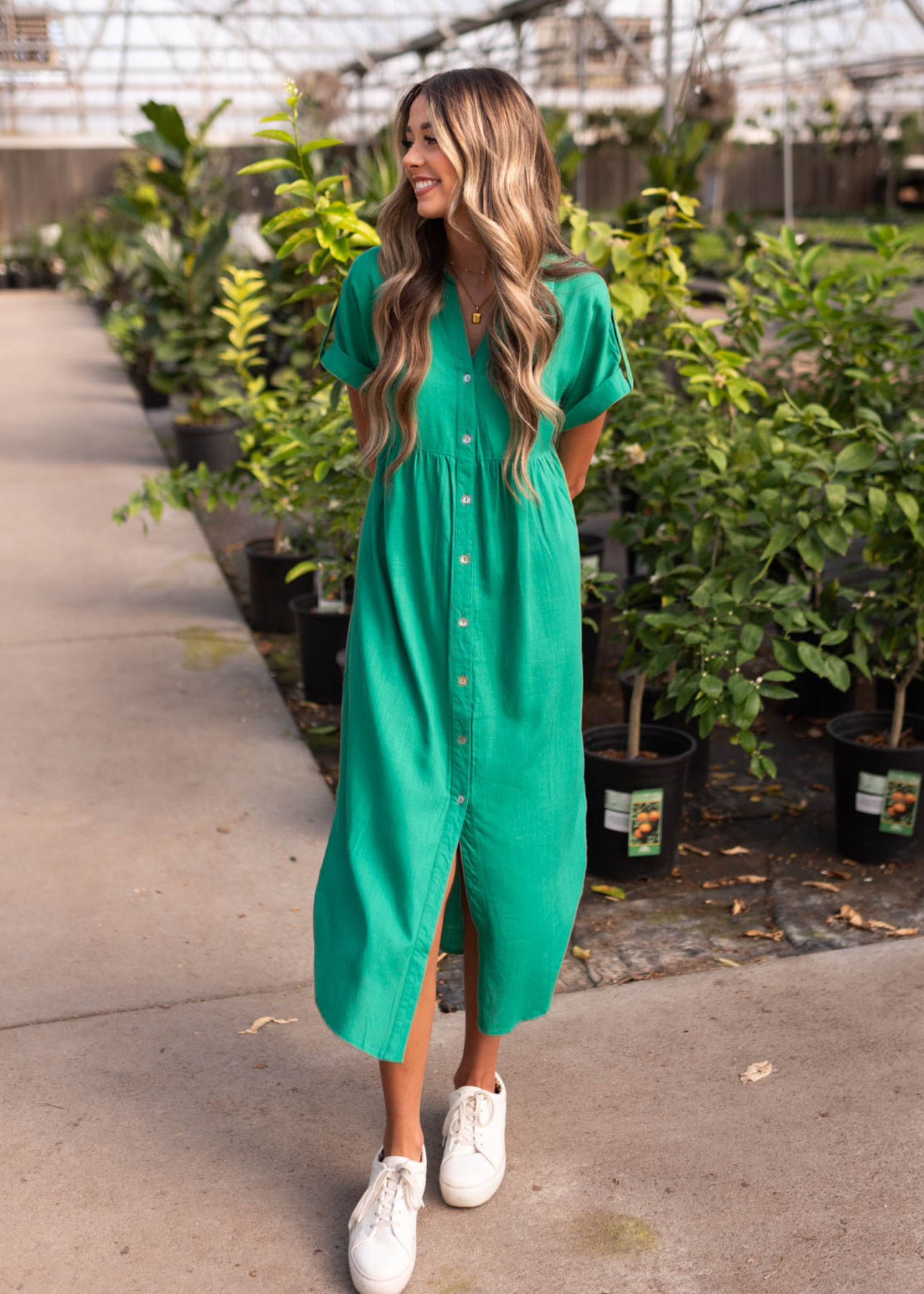 Short sleeve green button down dress