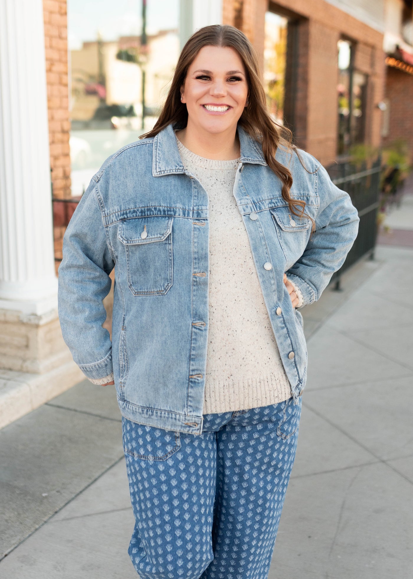 Medium wash denim oversized jacket in plus size