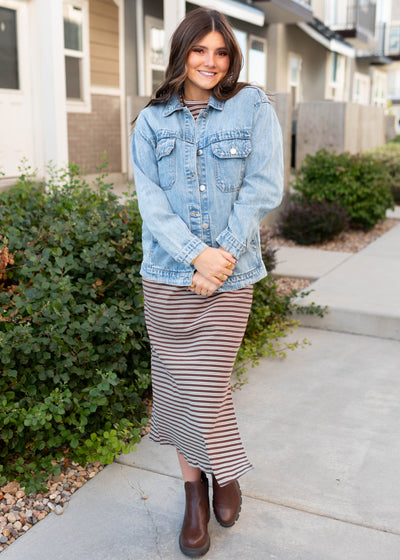 Button up light wash denim oversized jacket