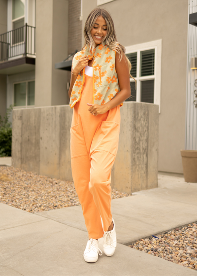 Orange fleece vest with front zipper pocket