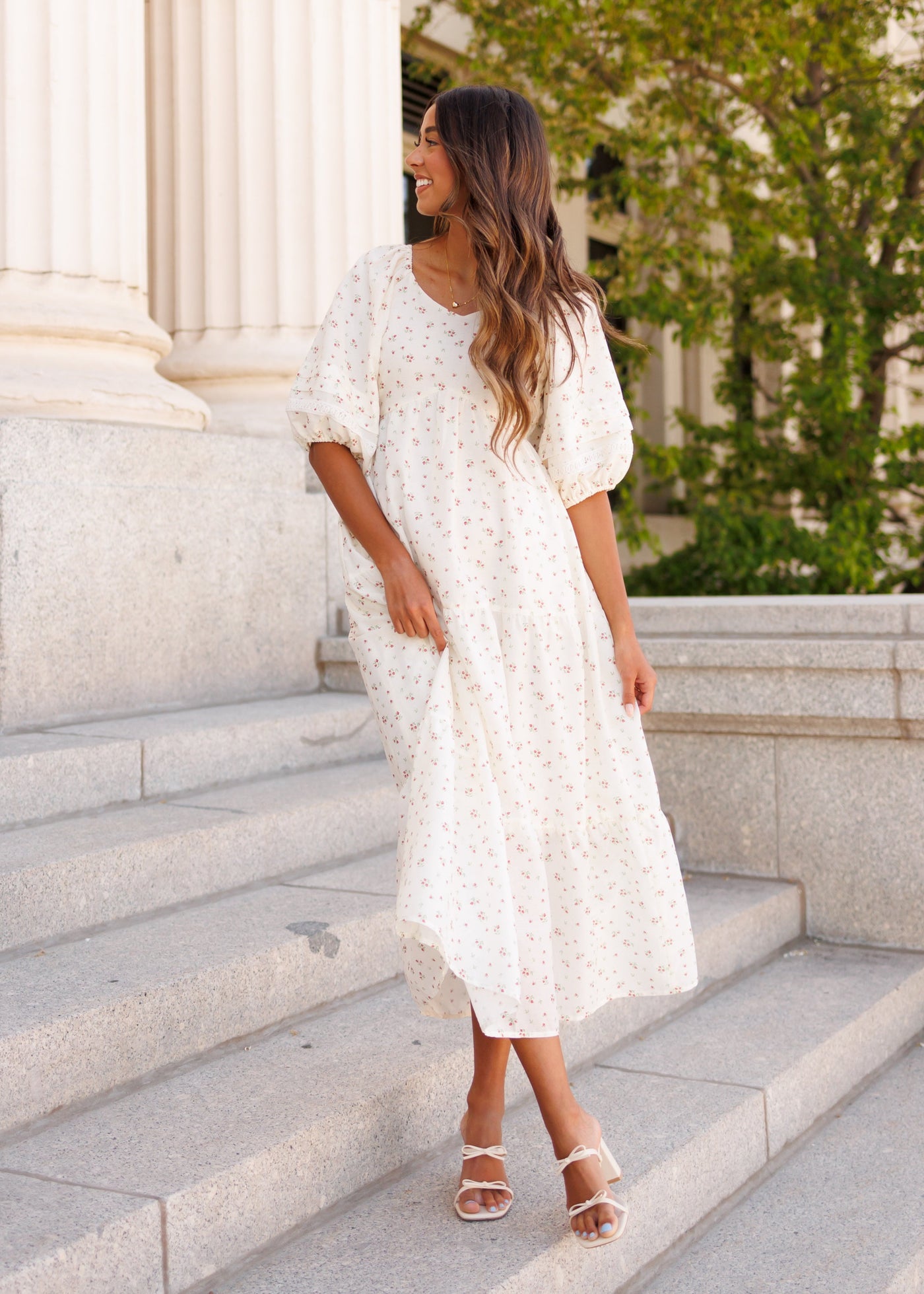 Ivory floral dress with a wide v-neck