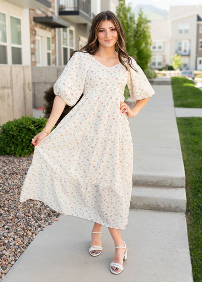 Ivory floral dress with puff sleeves