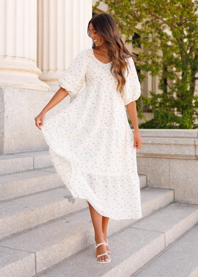 Short sleeve ivory floral dress