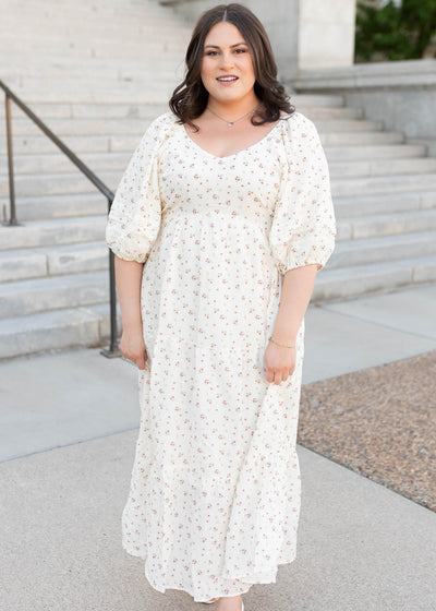 Ivory floral dress in plus size with a wide v-neck